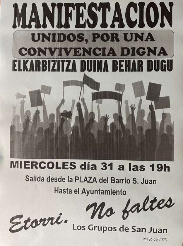 Cartel vecinal anunciando la manifestación de esta tarde en el barrio de San Juan en Santurtzi