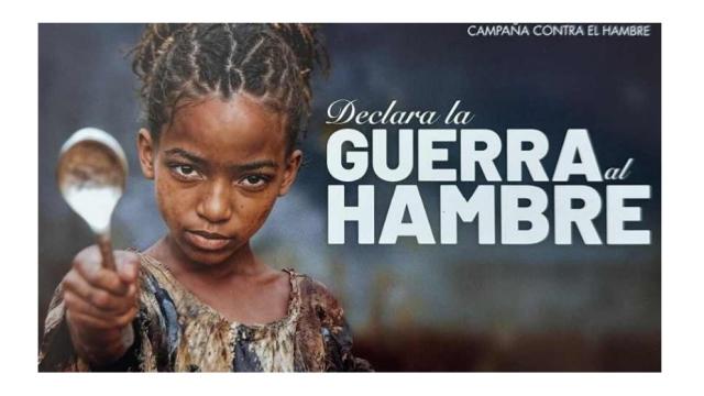 Imagen del cartel de Manos Unidas bajo el lema "Declara la guerra al hambre". MANOS UNIDAS