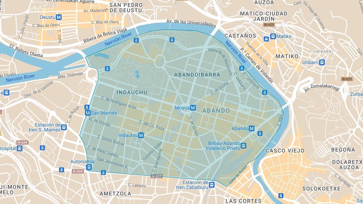 Plano de la futura Zona de Bajas Emisiones de Bilbao. BILBAO UDALA