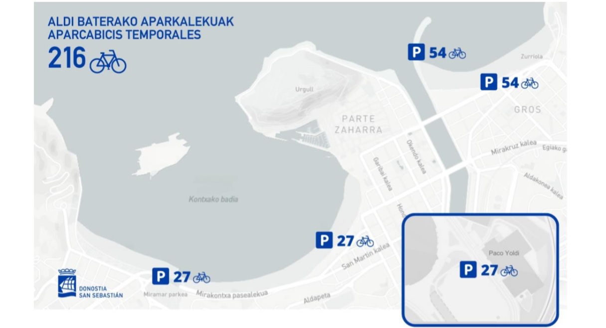 Mapa de Donostia con la ubicación de los aparcabicis temporates de este verano Mapa de Donostia con la ubicación de los aparcabicis temporates de este verano