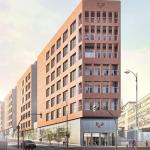 Infografia de la fachada principal de la nueva facultad al lado del Hospital de Basurto EHU/UPV