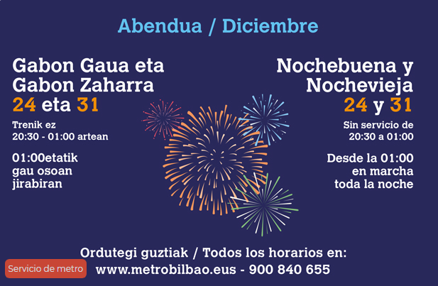 Horario de Metro Bilbao los días de Nochevieja y Año Nuevo