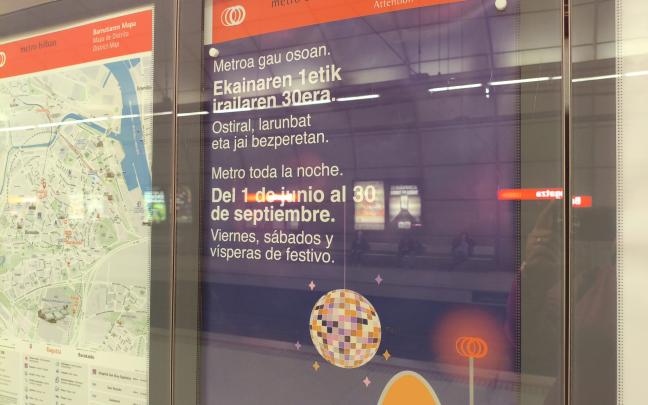 Del 1 de junio al 30 de septiembre, los viernes, sábados y vísperas de festivo (24 y 30 de julio y 14 de agosto) hay metro toda la noche | ONDA VASCA Del 1 de junio al 30 de septiembre, los viernes, sábados y vísperas de festivo (24 y 30 de julio y 14 de agosto) tienes metro toda la noche.