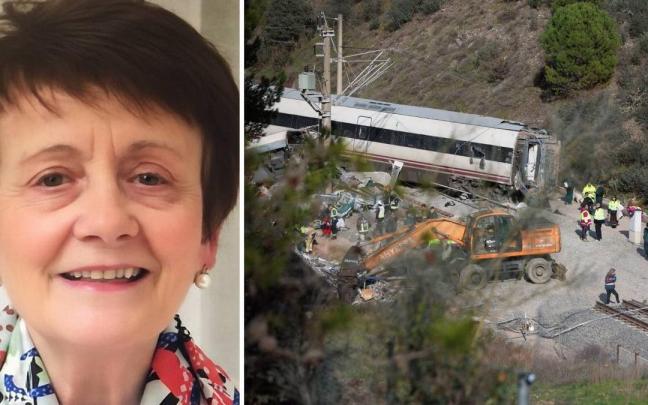 A la izquierda, imagen de María Luisa Eugui. A la derecha, efectivos de la Guardia Civil y de Bomberos, entre otros, junto al Alvia accidentado. Cedida