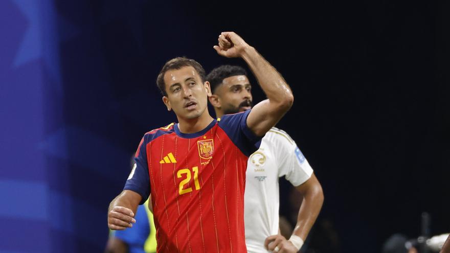 Mikel Oyarzabal tras marcar uno de sus dos goles. RFEF