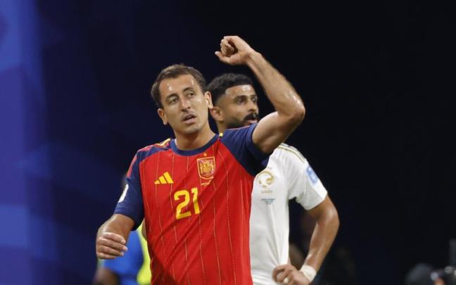 Mikel Oyarzabal tras marcar uno de sus dos goles. RFEF