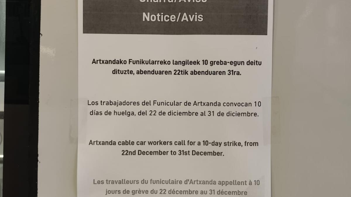 Cartel informando de los nuevos paros en el funicular de Artxanda | ONDA VASCA
