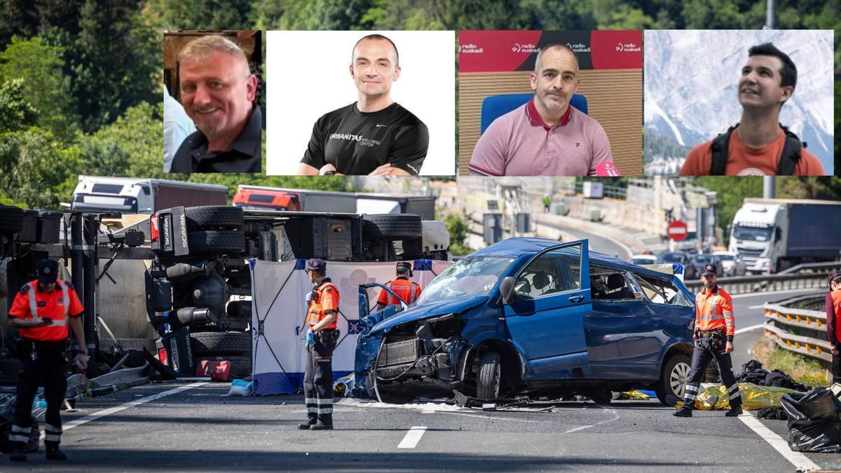 Imágenes del lugar del accidente con las fotos superpuestas de Jesús María Vidaurreta Fernández, Miguel Crespo Obanos, Fermín Sola Barrena y Miguel Antonio D' Entremont Jiménez Javi Colmenero