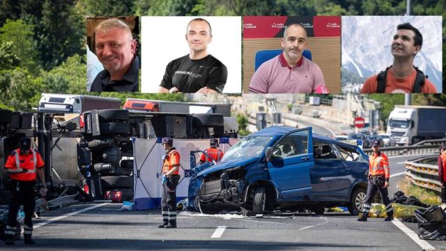Imágenes del lugar del accidente con las fotos superpuestas de Jesús María Vidaurreta Fernández, Miguel Crespo Obanos, Fermín Sola Barrena y Miguel Antonio D' Entremont Jiménez Javi Colmenero