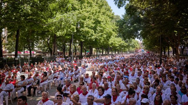 Personas mayores asisten a un concierto de jotas en el paseo de Sarasate. Foto: Ayuntamiento de Pamplona