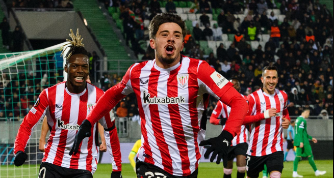 Nico Serrano celebra su primer gol con el Athletic en Europa League / Athletic Club