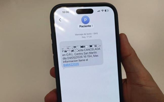 Mensaje de texto con la anulación de una cita. REDACCIÓN DDN