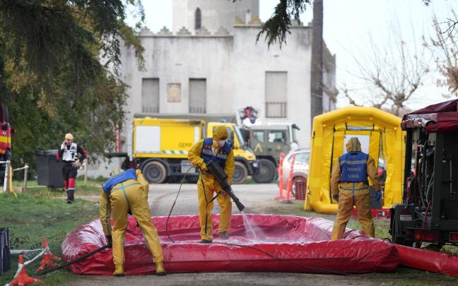 Efectivos de la UME desinfectan vehículos en el marco del dispositivo para controlar la peste porcina. EP