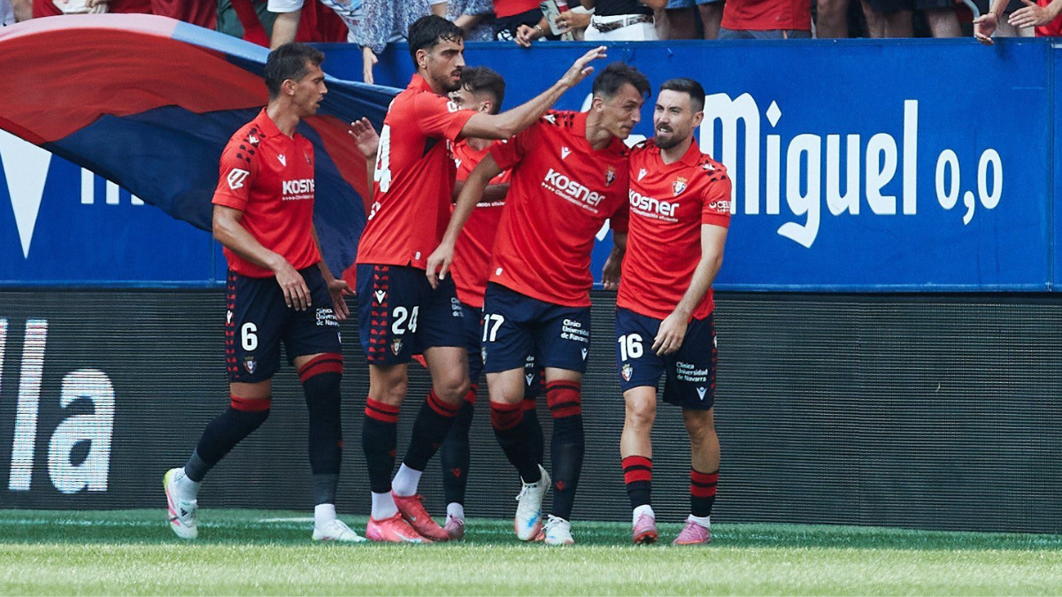 Los jugadores de Osasuna celebrando el gol de Budimir contra el Valencia. Foto: JAVIER BERGASA / OSKAR MONTERO