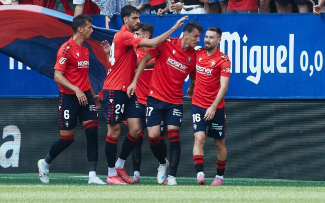 Los jugadores de Osasuna celebrando el gol de Budimir contra el Valencia. Foto: JAVIER BERGASA / OSKAR MONTERO