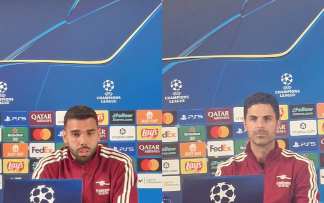 David Raya y Mikel Arteta en la comparecencia previa al Athletic-Arsenal. Foto: Onda Vasca