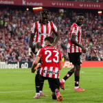 Nico Williams y Robert Navarri en imagen celebrando uno de los goles frente al Sevilla. Foto: Athletic Club