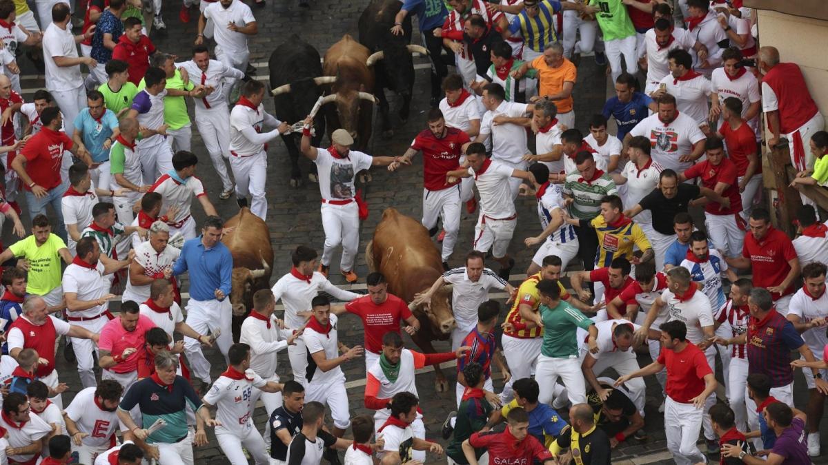 Los toros de Domingo Hernández recorren las calles de Pamplona en San Fermín. Foto: UNAI BEROIZ