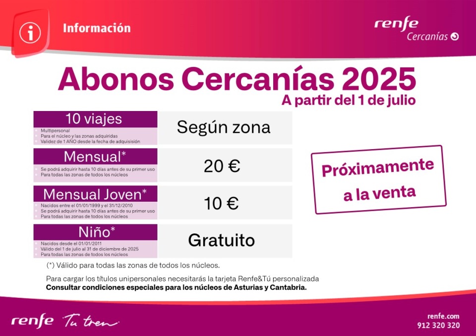 Precios de los abonos de Renfe Cercanías a partir del 1 de julio de 2025 Precios de los abonos de Renfe Cercanías a partir del 1 de julio de 2025